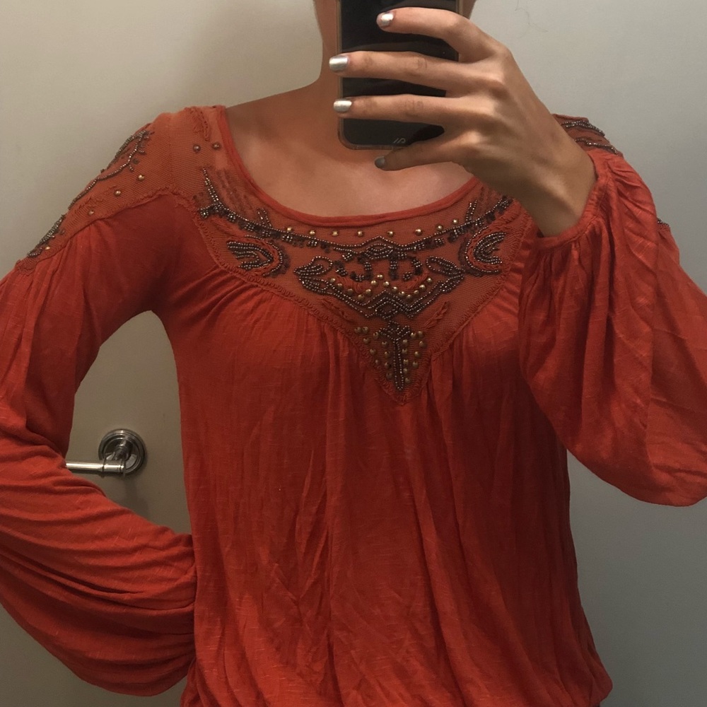 Free People Orange Beaded Blouse